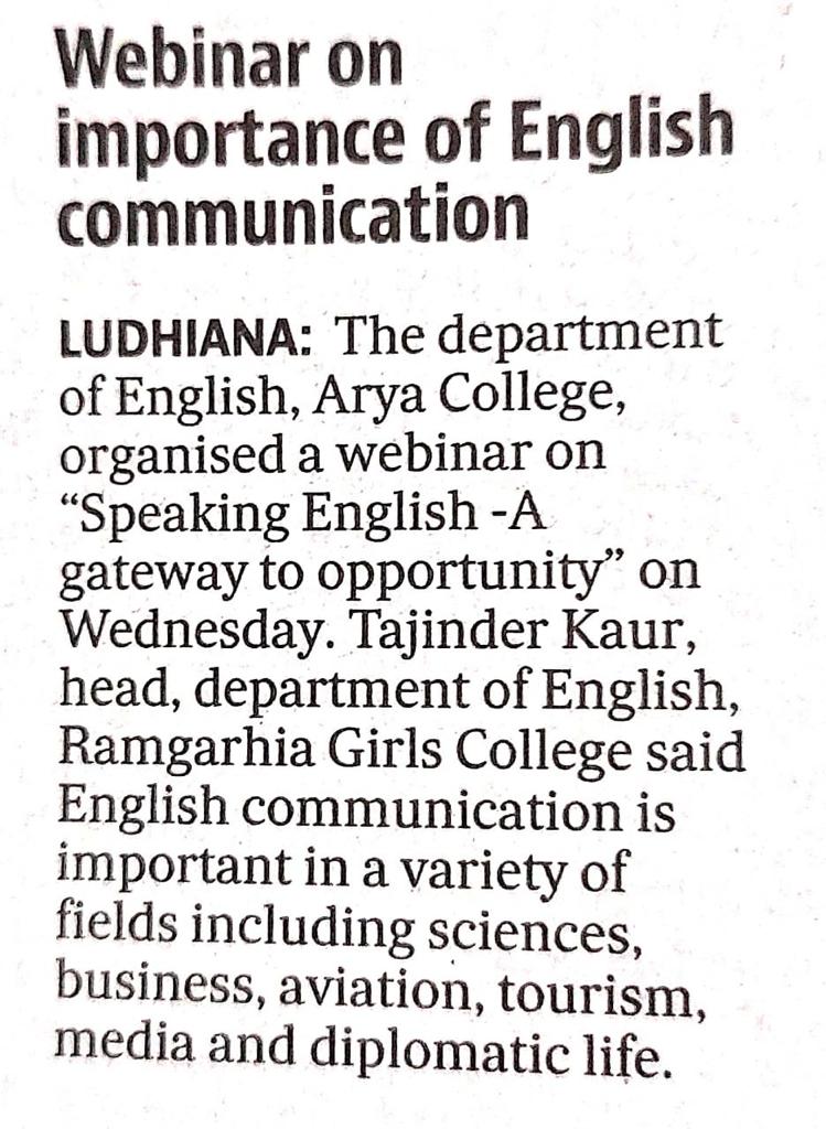 Webinar Organised on Speaking English – A Gateway to Opportunity